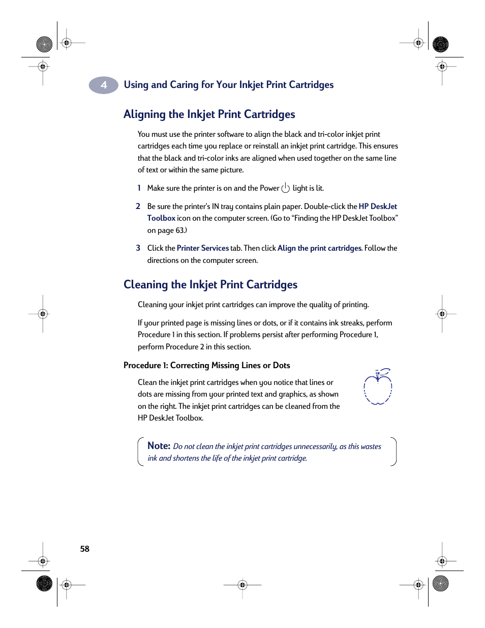 Aligning the inkjet print cartridges, Cleaning the inkjet print cartridges | HP Deskjet 832c Printer User Manual | Page 66 / 118