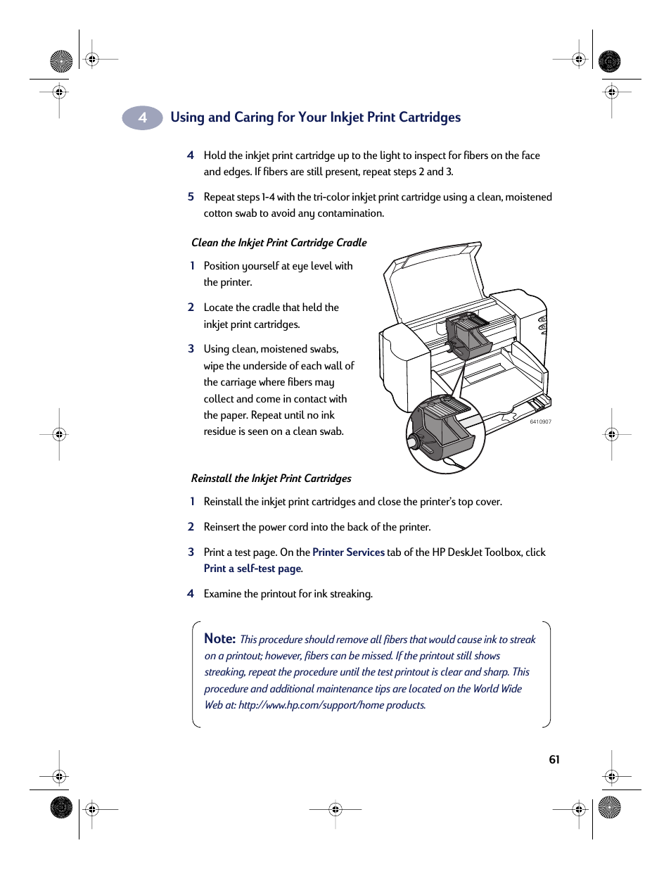 Using and caring for your inkjet print cartridges | HP Deskjet 832c Printer User Manual | Page 69 / 118