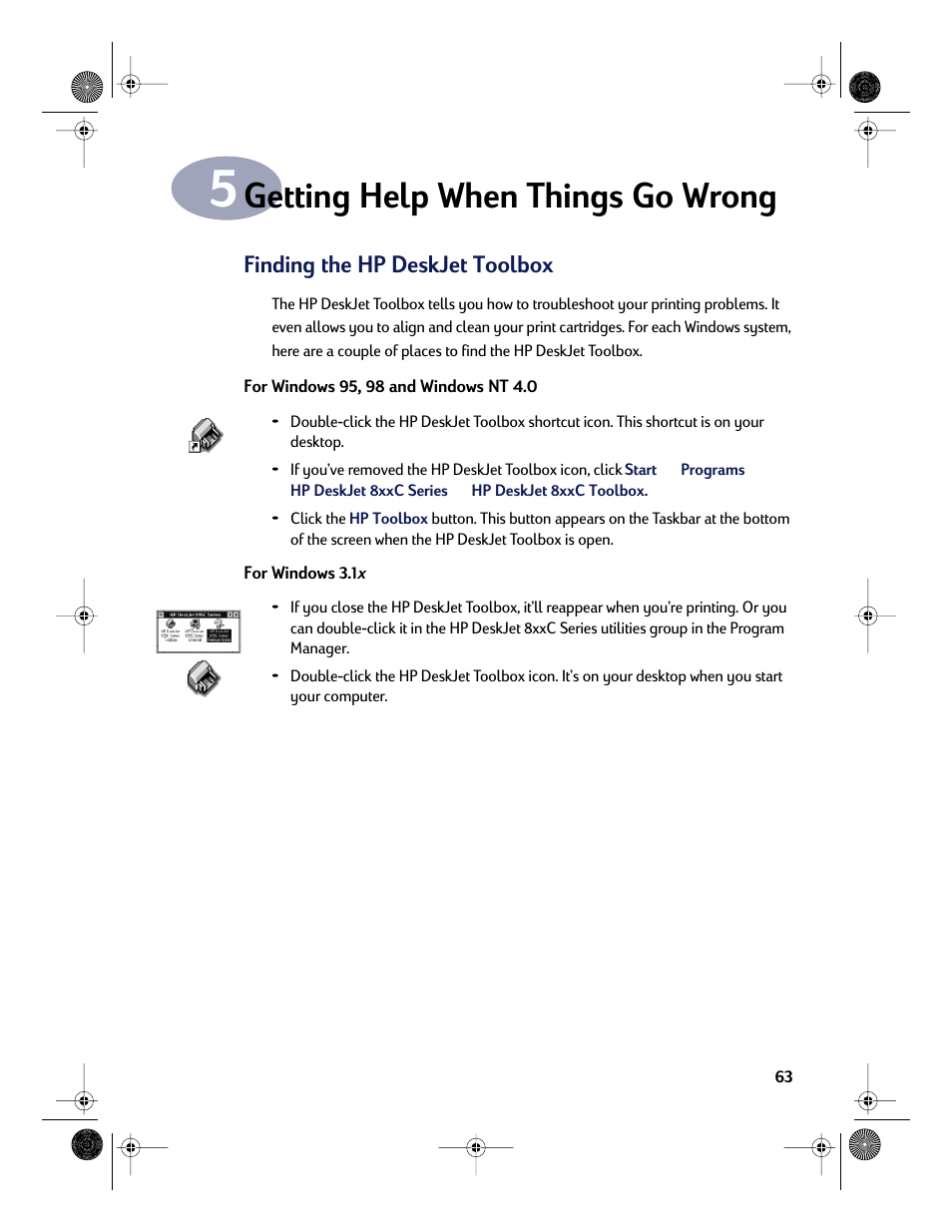 Getting help when things go wrong, Finding the hp deskjet toolbox, Chapter 5 | HP Deskjet 832c Printer User Manual | Page 71 / 118