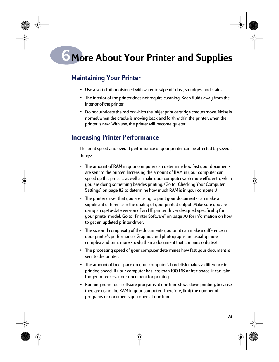 More about your printer and supplies, Maintaining your printer, Increasing printer performance | Chapter 6 | HP Deskjet 832c Printer User Manual | Page 81 / 118