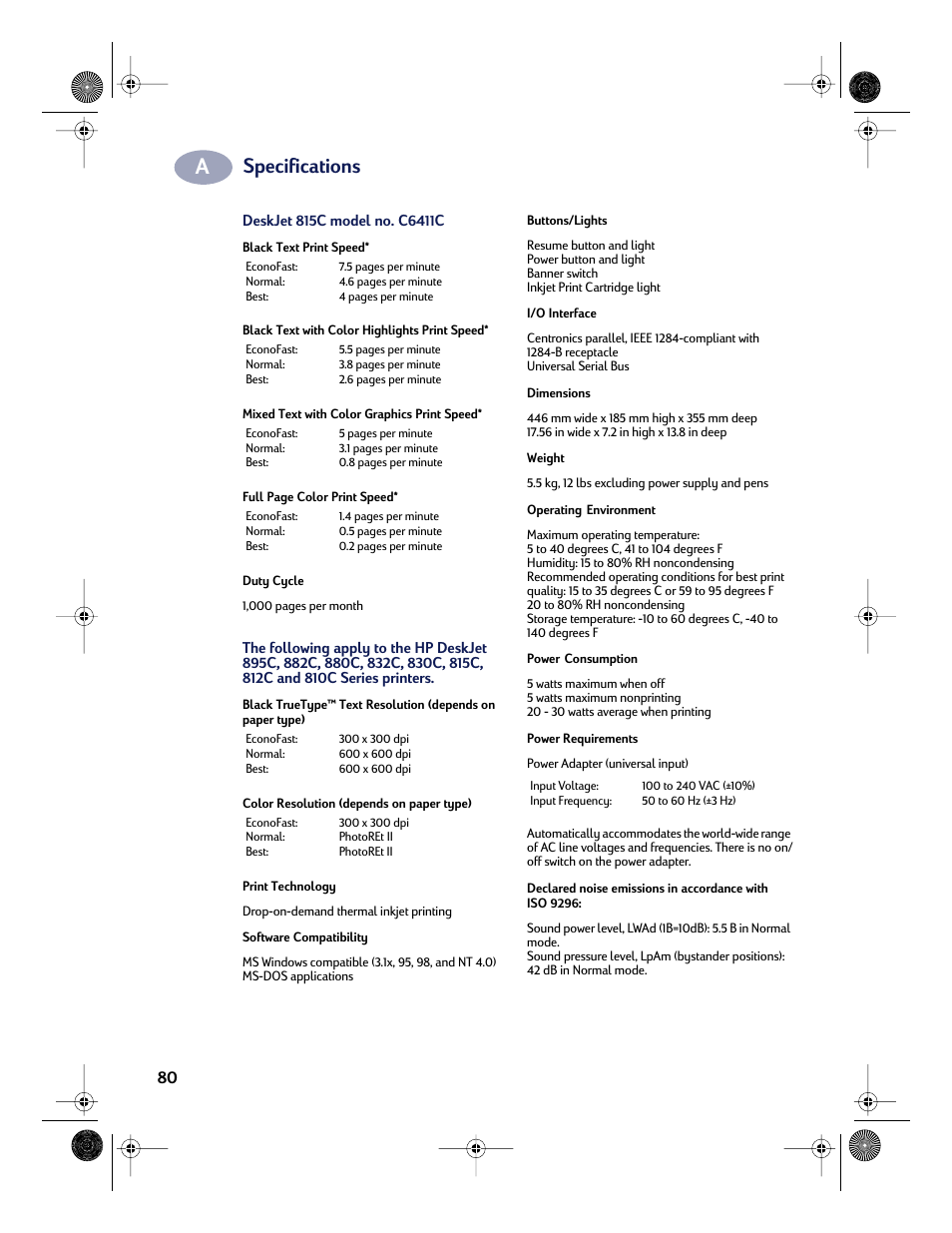 Specifications | HP Deskjet 832c Printer User Manual | Page 88 / 118