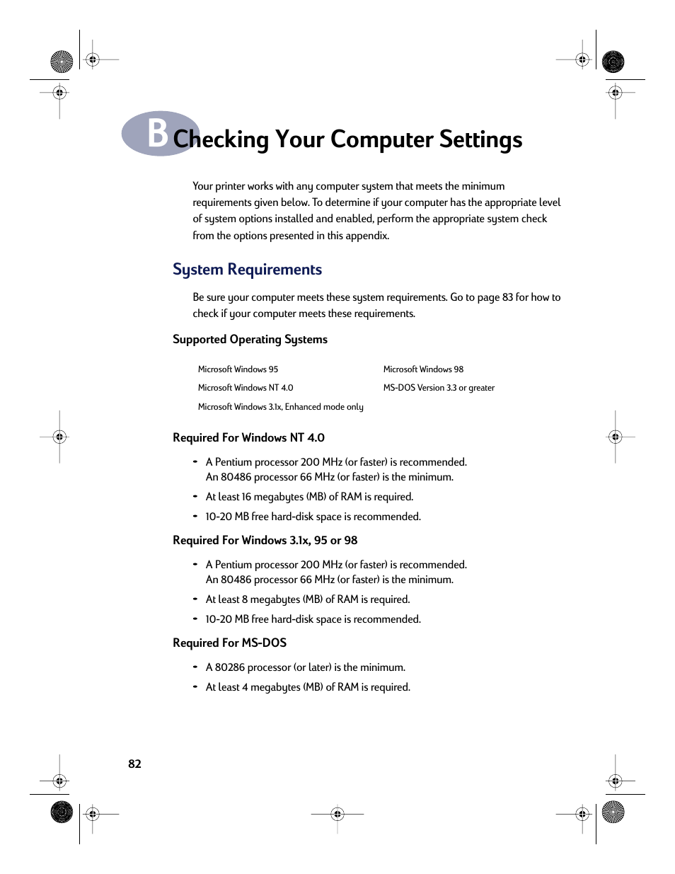 Checking your computer settings, Appendix b, System requirements | HP Deskjet 832c Printer User Manual | Page 90 / 118