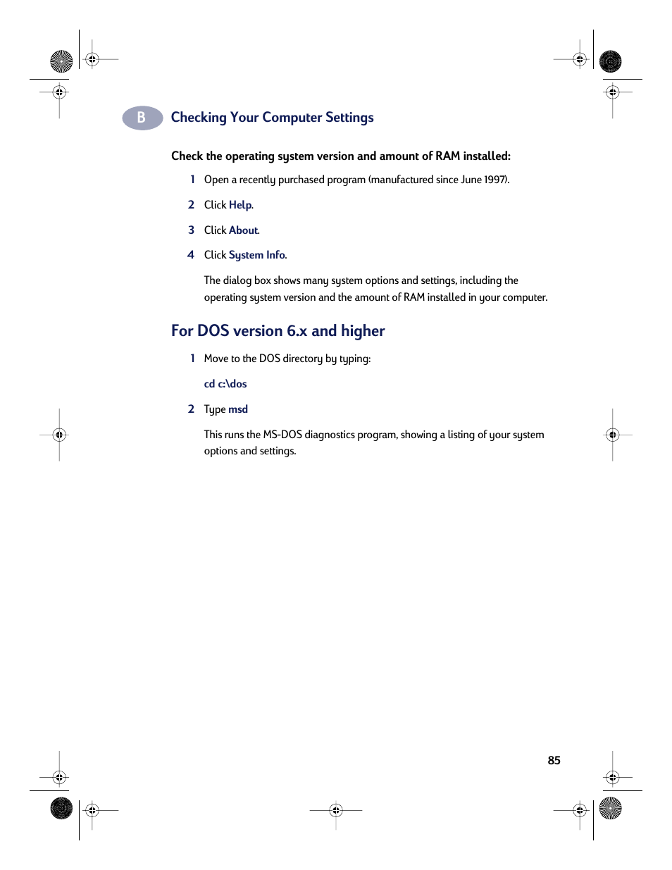 For dos version 6.x and higher | HP Deskjet 832c Printer User Manual | Page 93 / 118