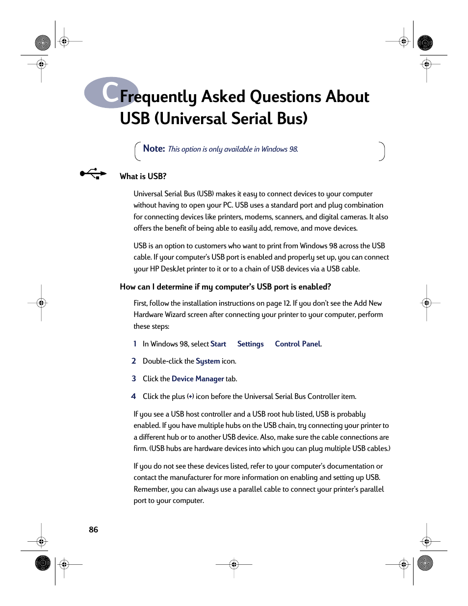 Appendix c, Frequently asked questions about usb | HP Deskjet 832c Printer User Manual | Page 94 / 118