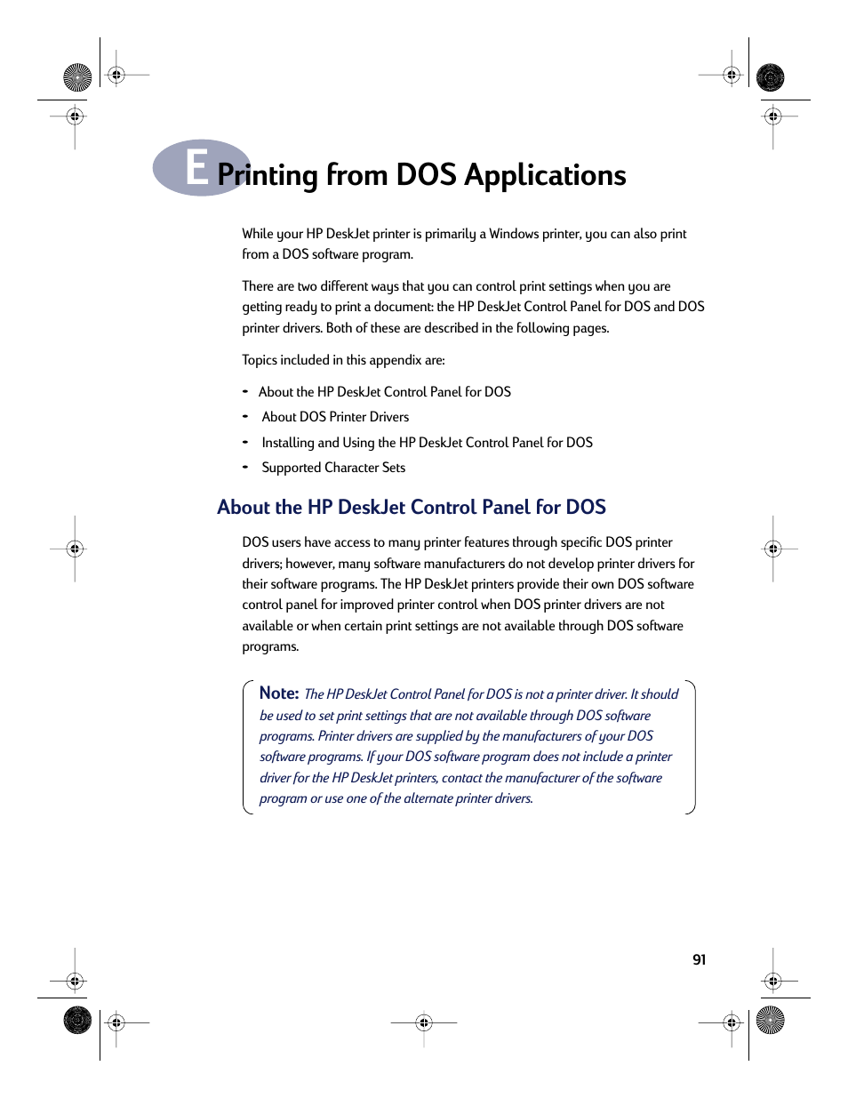 Printing from dos applications, Appendix e | HP Deskjet 832c Printer User Manual | Page 99 / 118