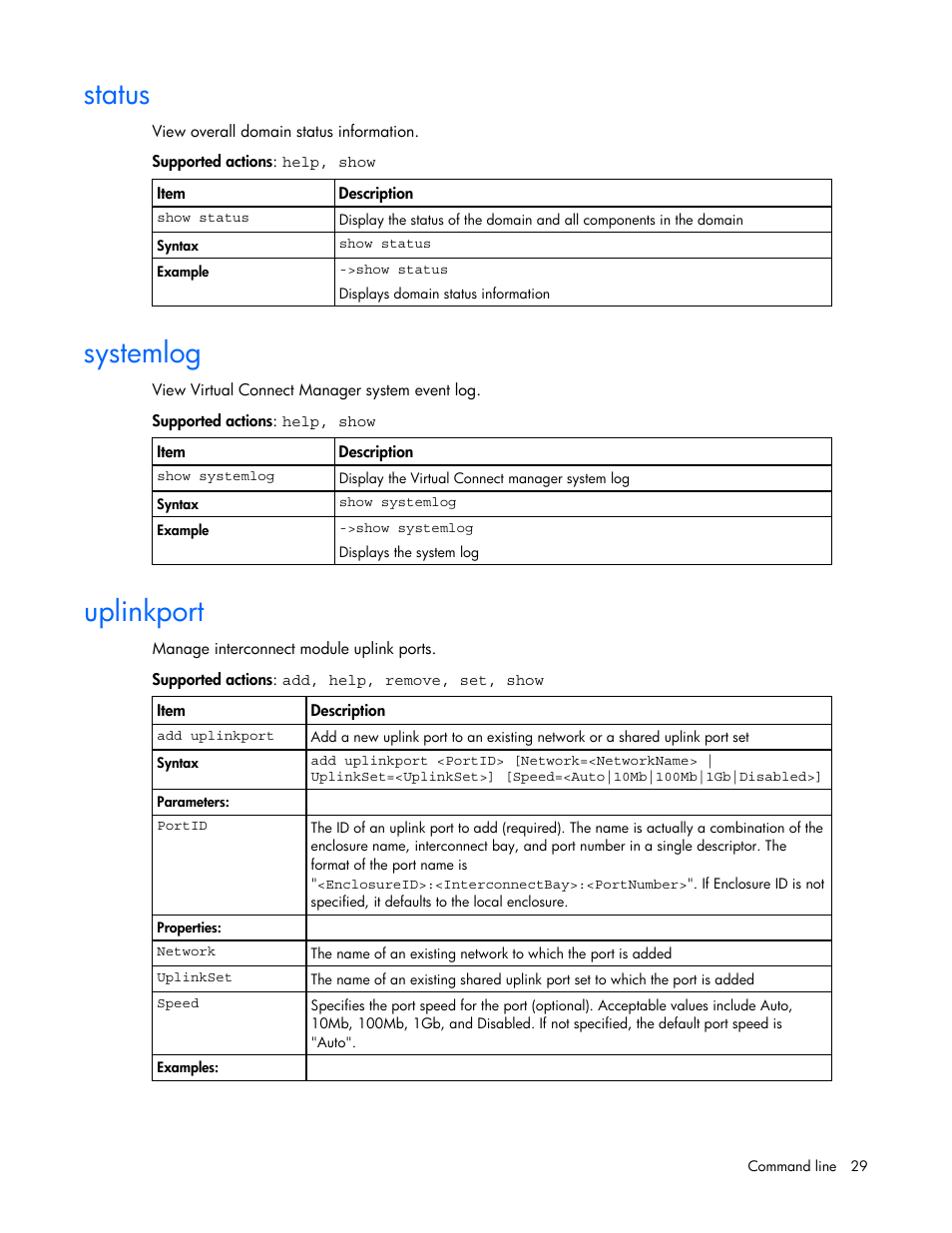 Status, Systemlog, Uplinkport | HP Virtual Connect 1.10Gb-F Ethernet Module for c-Class BladeSystem User Manual | Page 29 / 57