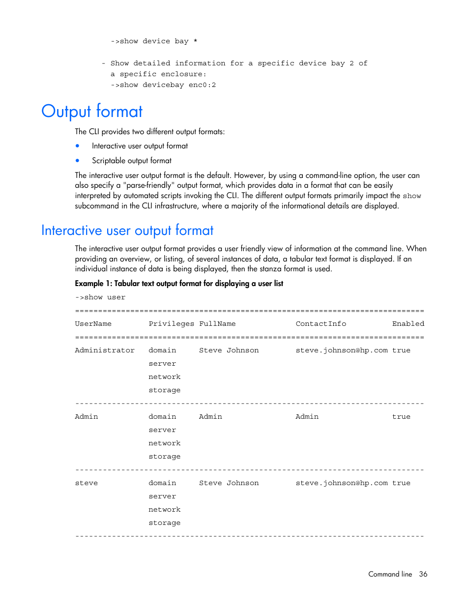 Output format, Interactive user output format | HP Virtual Connect 1.10Gb-F Ethernet Module for c-Class BladeSystem User Manual | Page 36 / 57