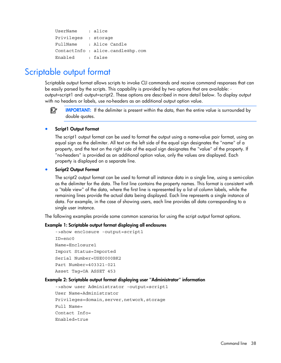 Scriptable output format | HP Virtual Connect 1.10Gb-F Ethernet Module for c-Class BladeSystem User Manual | Page 38 / 57