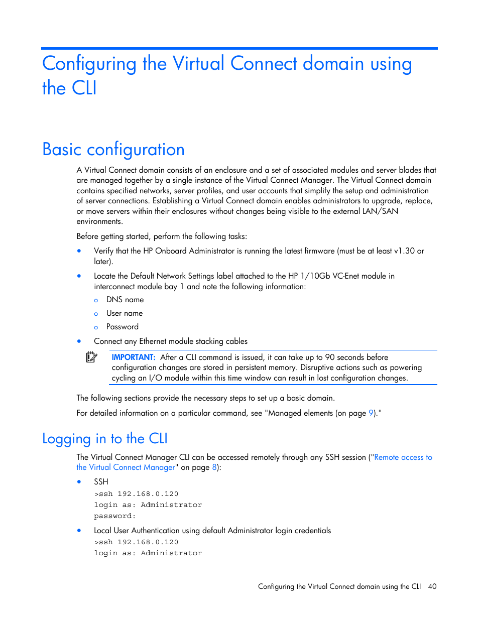 Basic configuration, Logging in to the cli | HP Virtual Connect 1.10Gb-F Ethernet Module for c-Class BladeSystem User Manual | Page 40 / 57