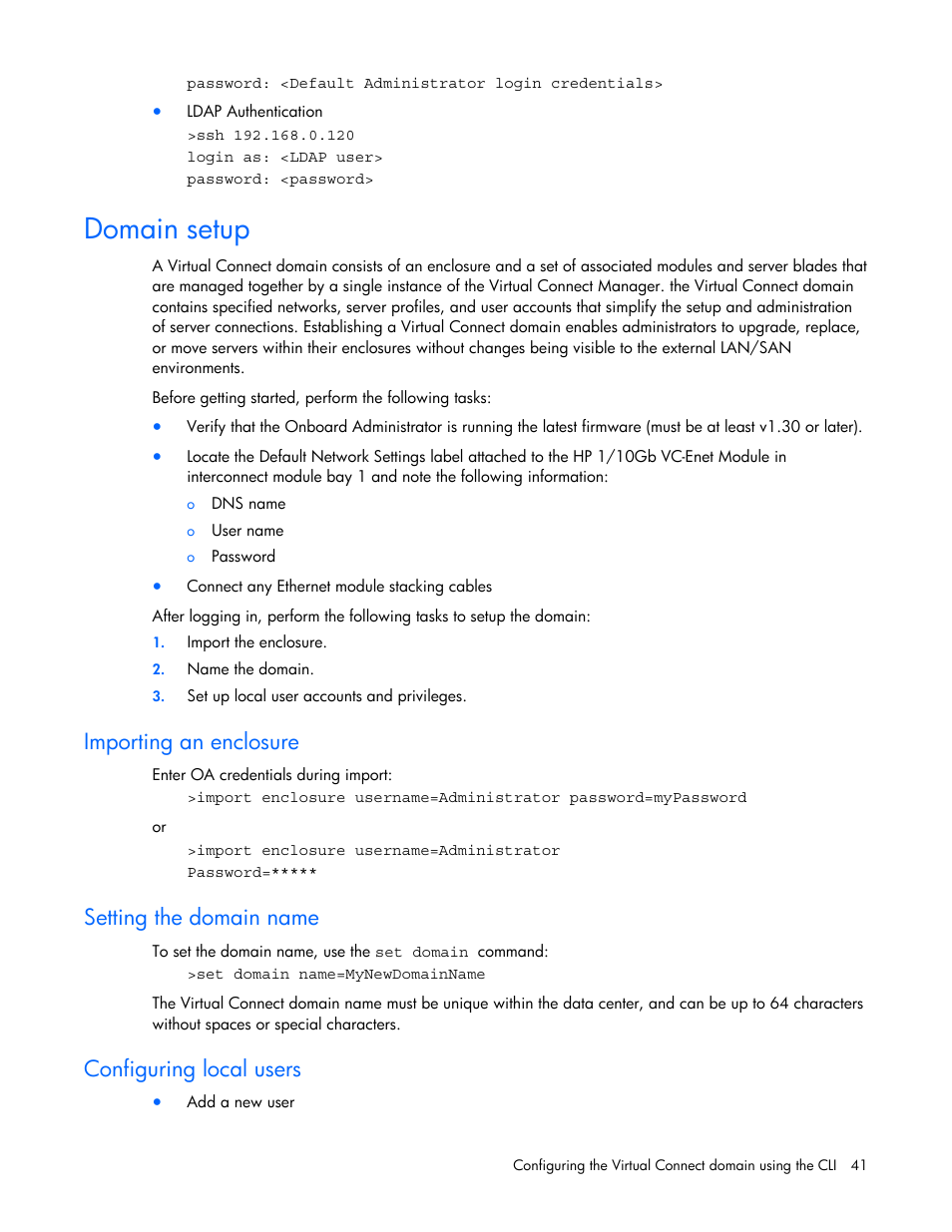 Domain setup, Importing an enclosure, Setting the domain name | Configuring local users | HP Virtual Connect 1.10Gb-F Ethernet Module for c-Class BladeSystem User Manual | Page 41 / 57