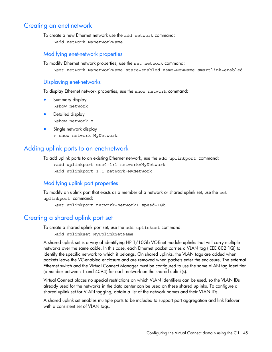 Creating an enet-network, Adding uplink ports to an enet-network, Creating a shared uplink port set | HP Virtual Connect 1.10Gb-F Ethernet Module for c-Class BladeSystem User Manual | Page 45 / 57