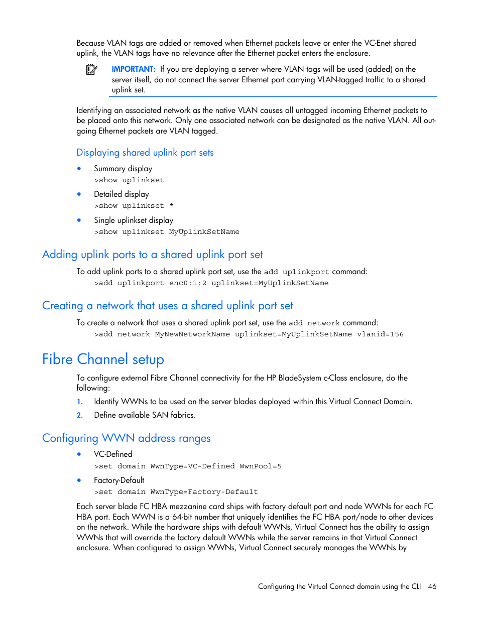 Fibre channel setup, Adding uplink ports to a shared uplink port set, Configuring wwn address ranges | HP Virtual Connect 1.10Gb-F Ethernet Module for c-Class BladeSystem User Manual | Page 46 / 57