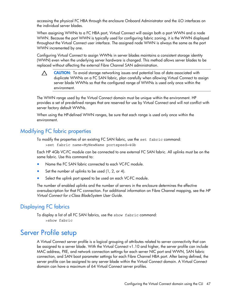 Server profile setup, Modifying fc fabric properties, Displaying fc fabrics | HP Virtual Connect 1.10Gb-F Ethernet Module for c-Class BladeSystem User Manual | Page 47 / 57