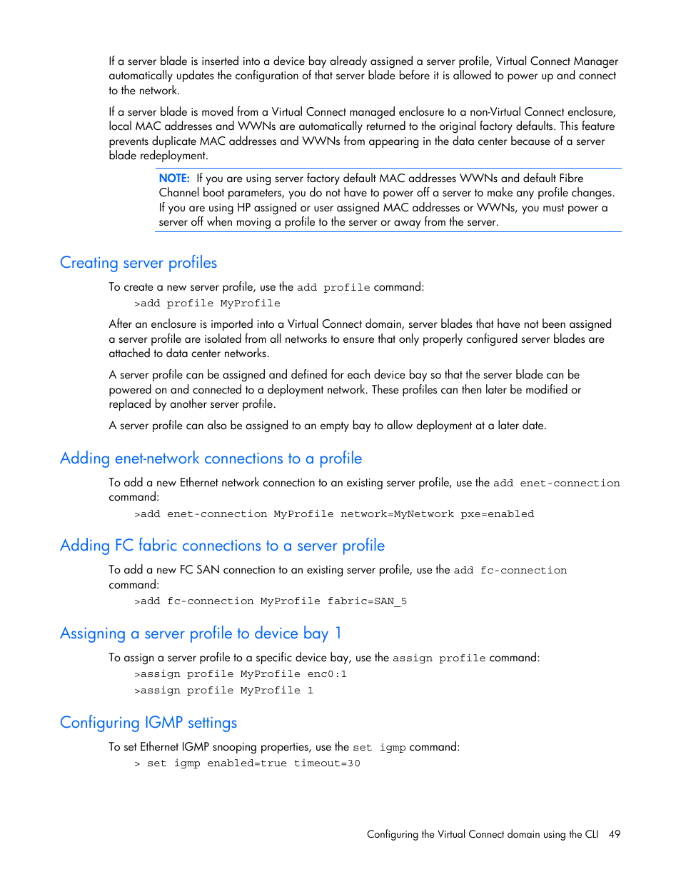 Creating server profiles, Adding enet-network connections to a profile, Adding fc fabric connections to a server profile | Assigning a server profile to device bay 1, Configuring igmp settings | HP Virtual Connect 1.10Gb-F Ethernet Module for c-Class BladeSystem User Manual | Page 49 / 57