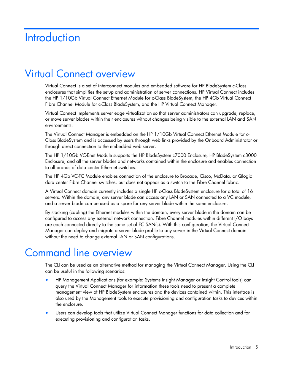 Introduction, Virtual connect overview, Command line overview | HP Virtual Connect 1.10Gb-F Ethernet Module for c-Class BladeSystem User Manual | Page 5 / 57