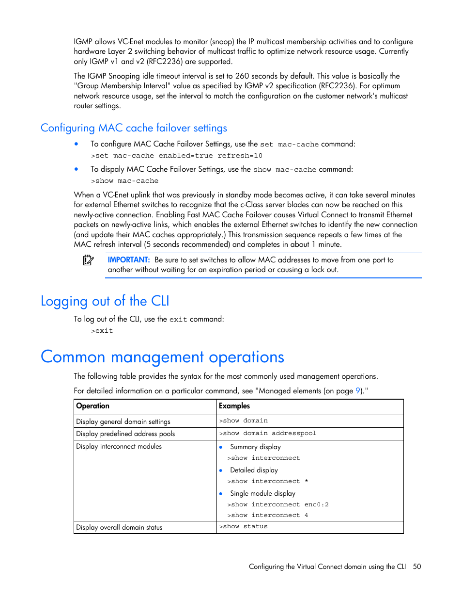 Logging out of the cli, Common management operations, Configuring mac cache failover settings | HP Virtual Connect 1.10Gb-F Ethernet Module for c-Class BladeSystem User Manual | Page 50 / 57