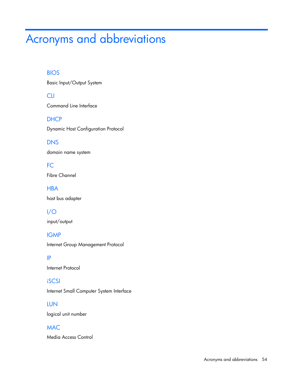 Acronyms and abbreviations | HP Virtual Connect 1.10Gb-F Ethernet Module for c-Class BladeSystem User Manual | Page 54 / 57