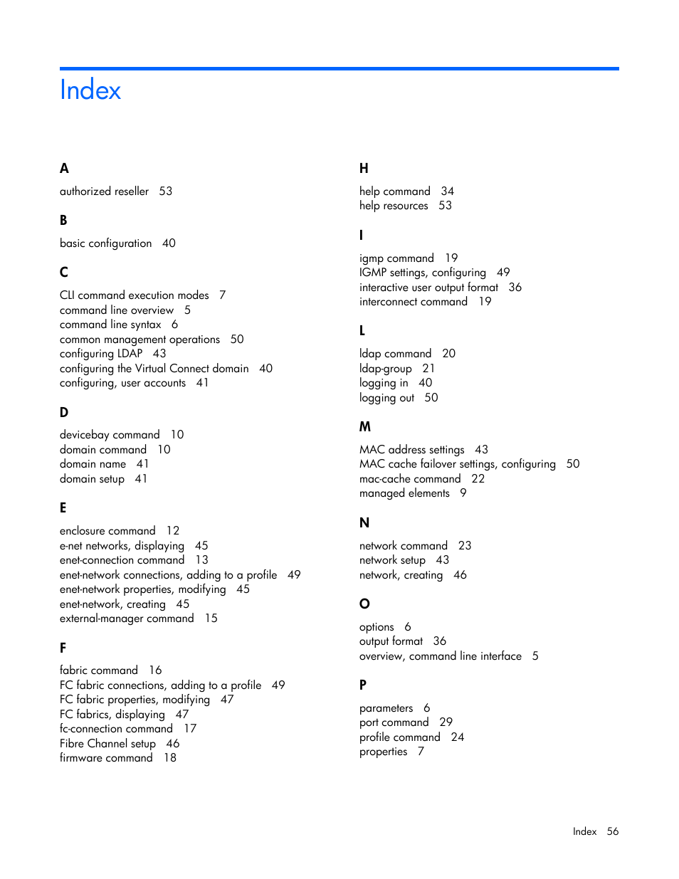 Index | HP Virtual Connect 1.10Gb-F Ethernet Module for c-Class BladeSystem User Manual | Page 56 / 57