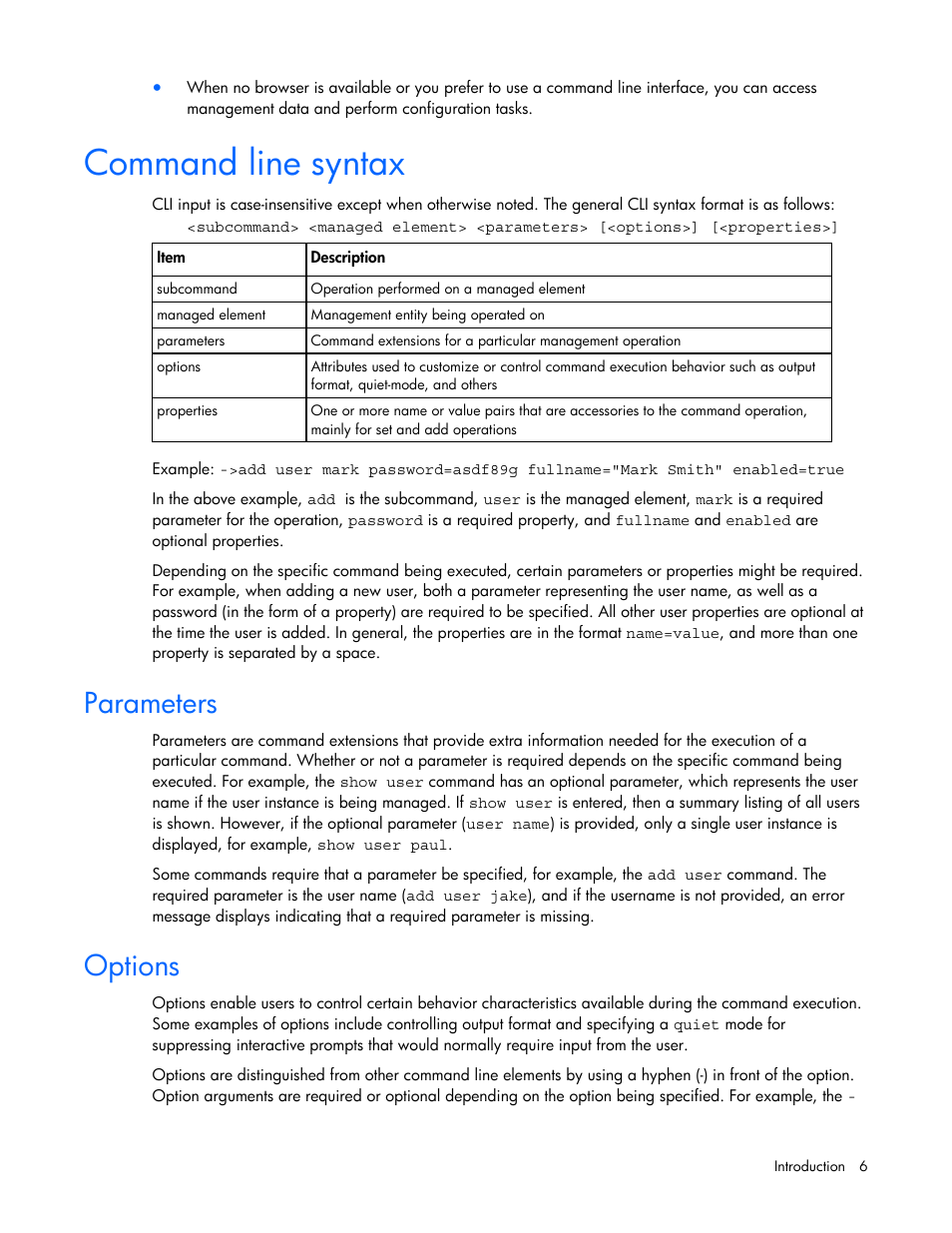 Command line syntax, Parameters, Options | HP Virtual Connect 1.10Gb-F Ethernet Module for c-Class BladeSystem User Manual | Page 6 / 57