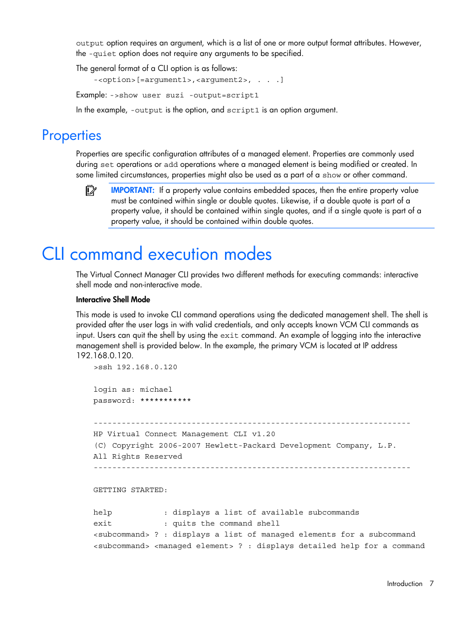 Properties, Cli command execution modes | HP Virtual Connect 1.10Gb-F Ethernet Module for c-Class BladeSystem User Manual | Page 7 / 57
