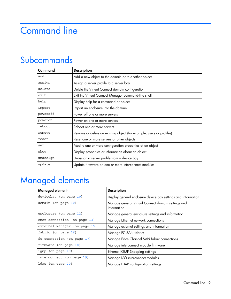 Command line, Subcommands, Managed elements | HP Virtual Connect 1.10Gb-F Ethernet Module for c-Class BladeSystem User Manual | Page 9 / 57