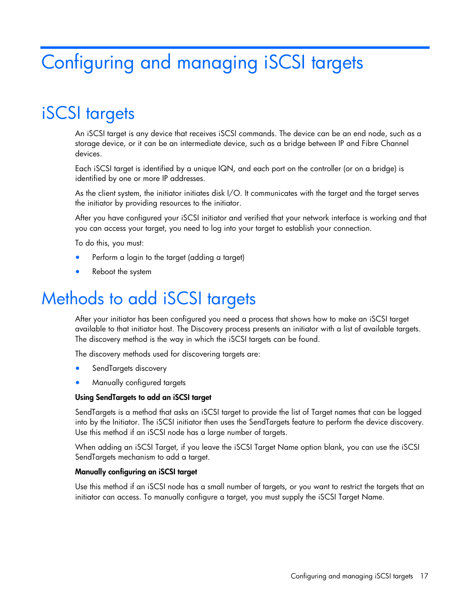 Configuring and managing iscsi targets, Iscsi targets, Methods to add iscsi targets | Iscsi targets methods to add iscsi targets | HP NC550SFP Dual Port 10GbE Server Adapter User Manual | Page 17 / 43
