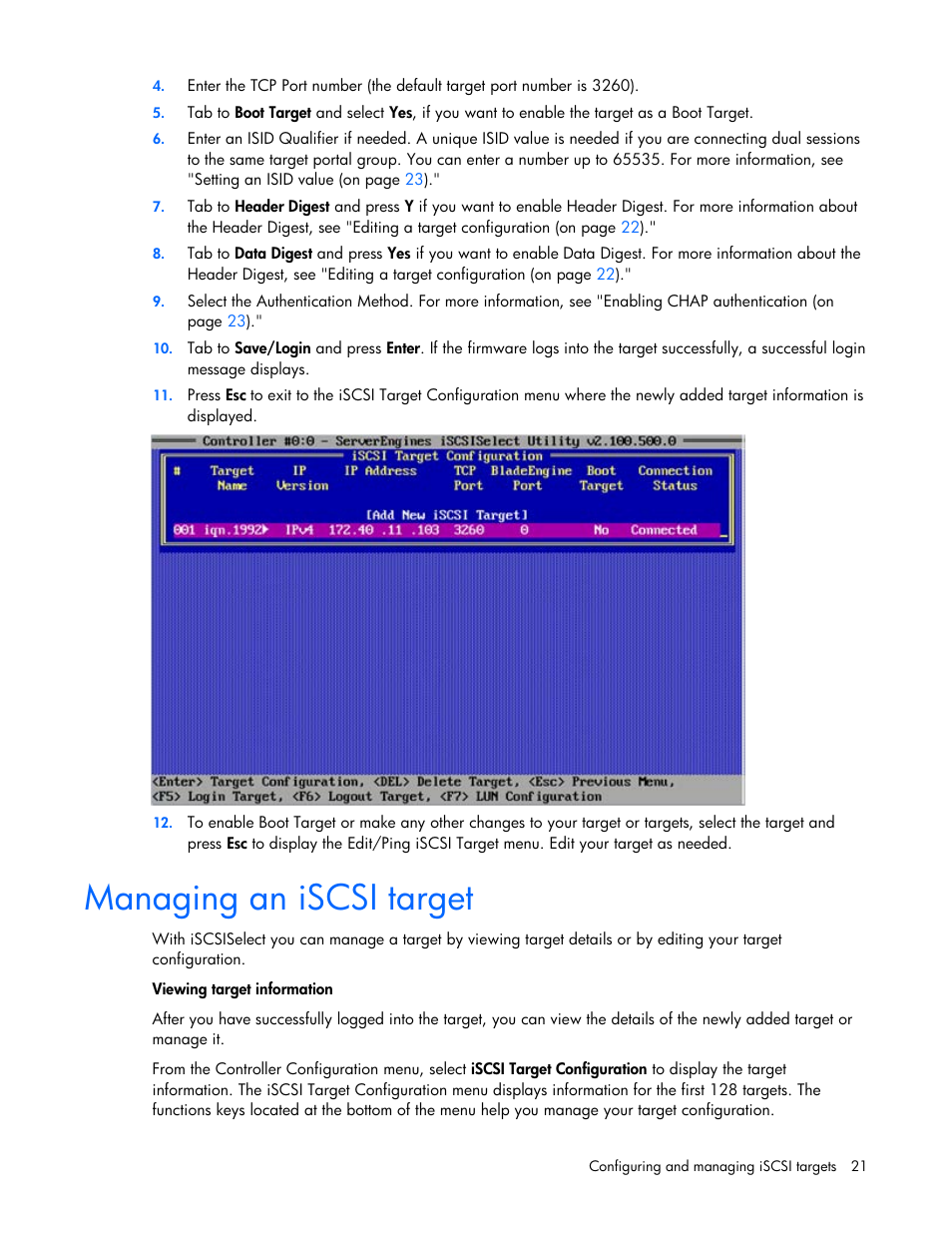 Managing an iscsi target | HP NC550SFP Dual Port 10GbE Server Adapter User Manual | Page 21 / 43