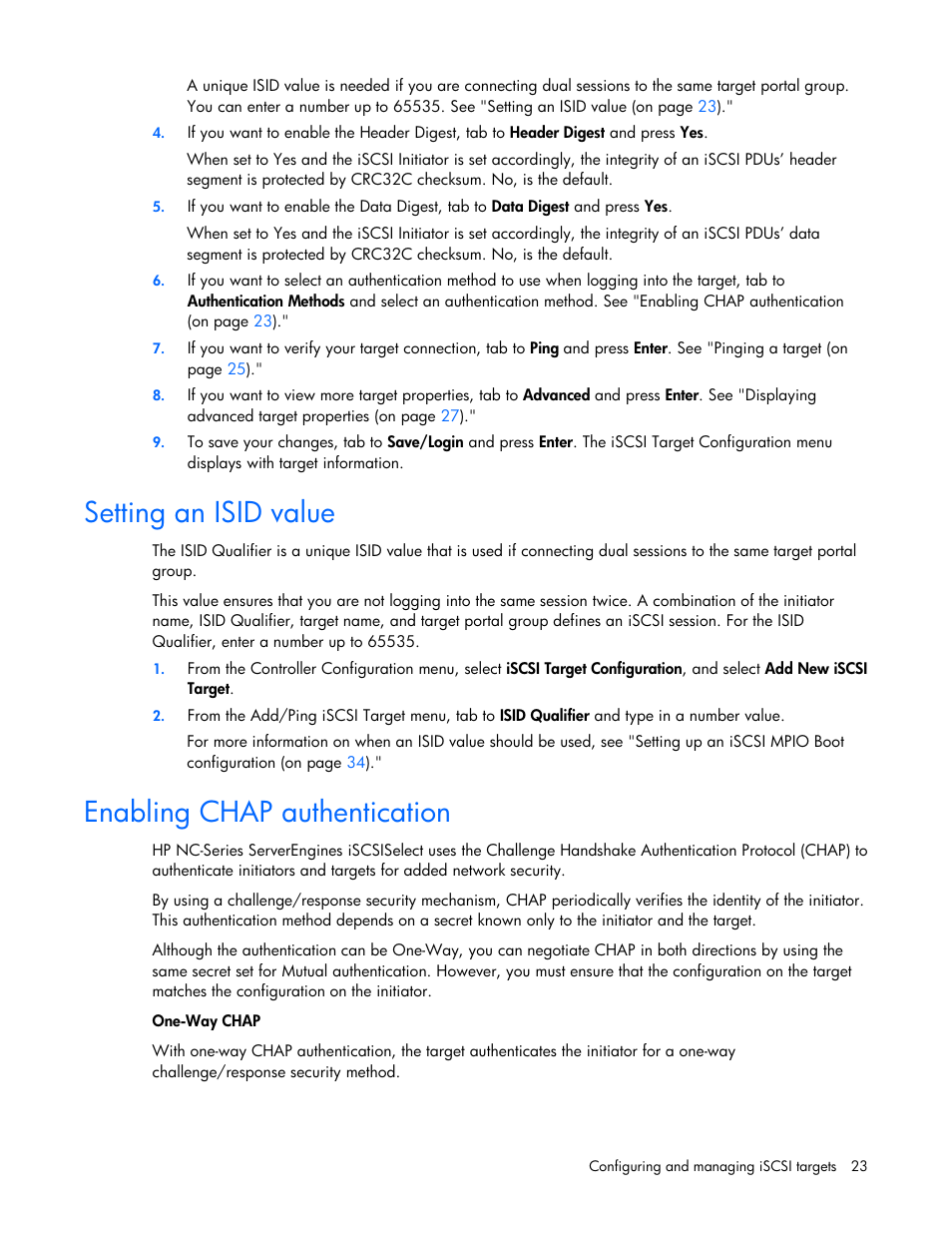 Setting an isid value, Enabling chap authentication, Setting an isid value enabling chap authentication | HP NC550SFP Dual Port 10GbE Server Adapter User Manual | Page 23 / 43