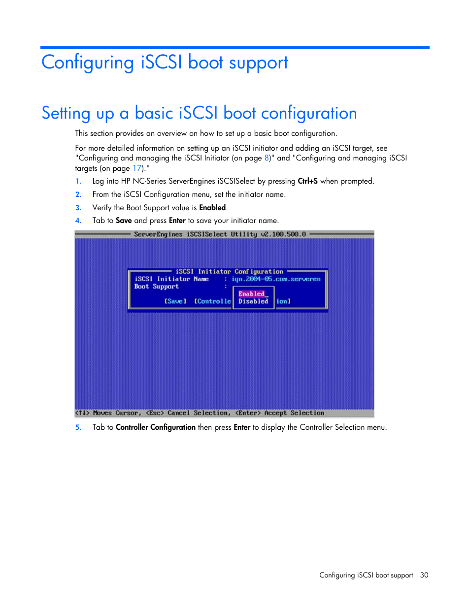 Configuring iscsi boot support, Setting up a basic iscsi boot configuration | HP NC550SFP Dual Port 10GbE Server Adapter User Manual | Page 30 / 43