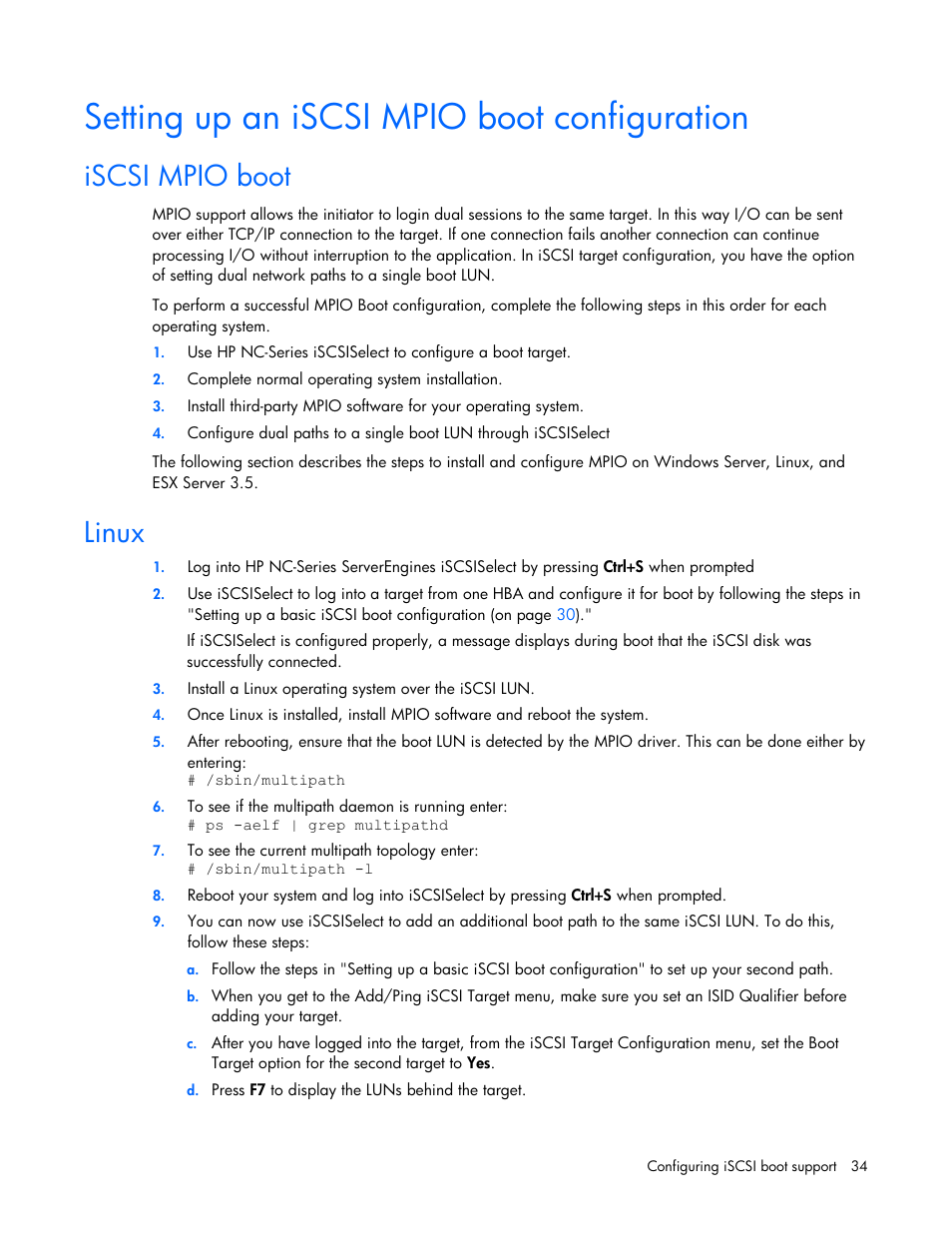 Setting up an iscsi mpio boot configuration, Iscsi mpio boot, Linux | Iscsi mpio boot linux | HP NC550SFP Dual Port 10GbE Server Adapter User Manual | Page 34 / 43