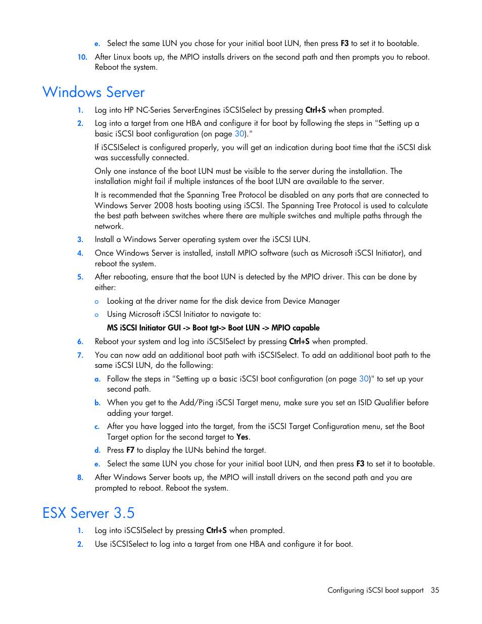 Windows server, Esx server 3.5, Windows server esx server 3.5 | HP NC550SFP Dual Port 10GbE Server Adapter User Manual | Page 35 / 43