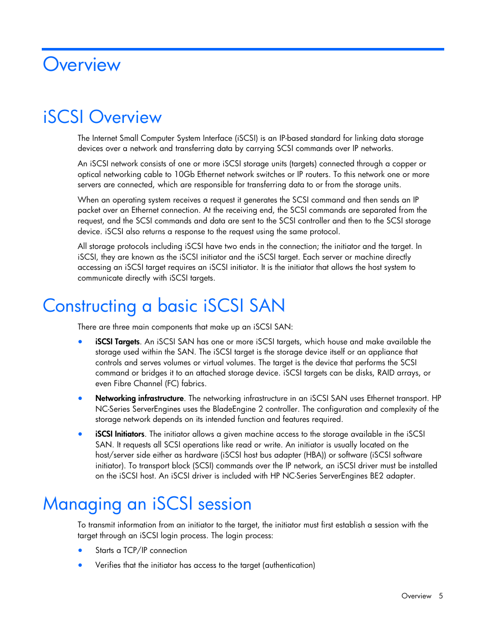 Overview, Iscsi overview, Constructing a basic iscsi san | Managing an iscsi session | HP NC550SFP Dual Port 10GbE Server Adapter User Manual | Page 5 / 43
