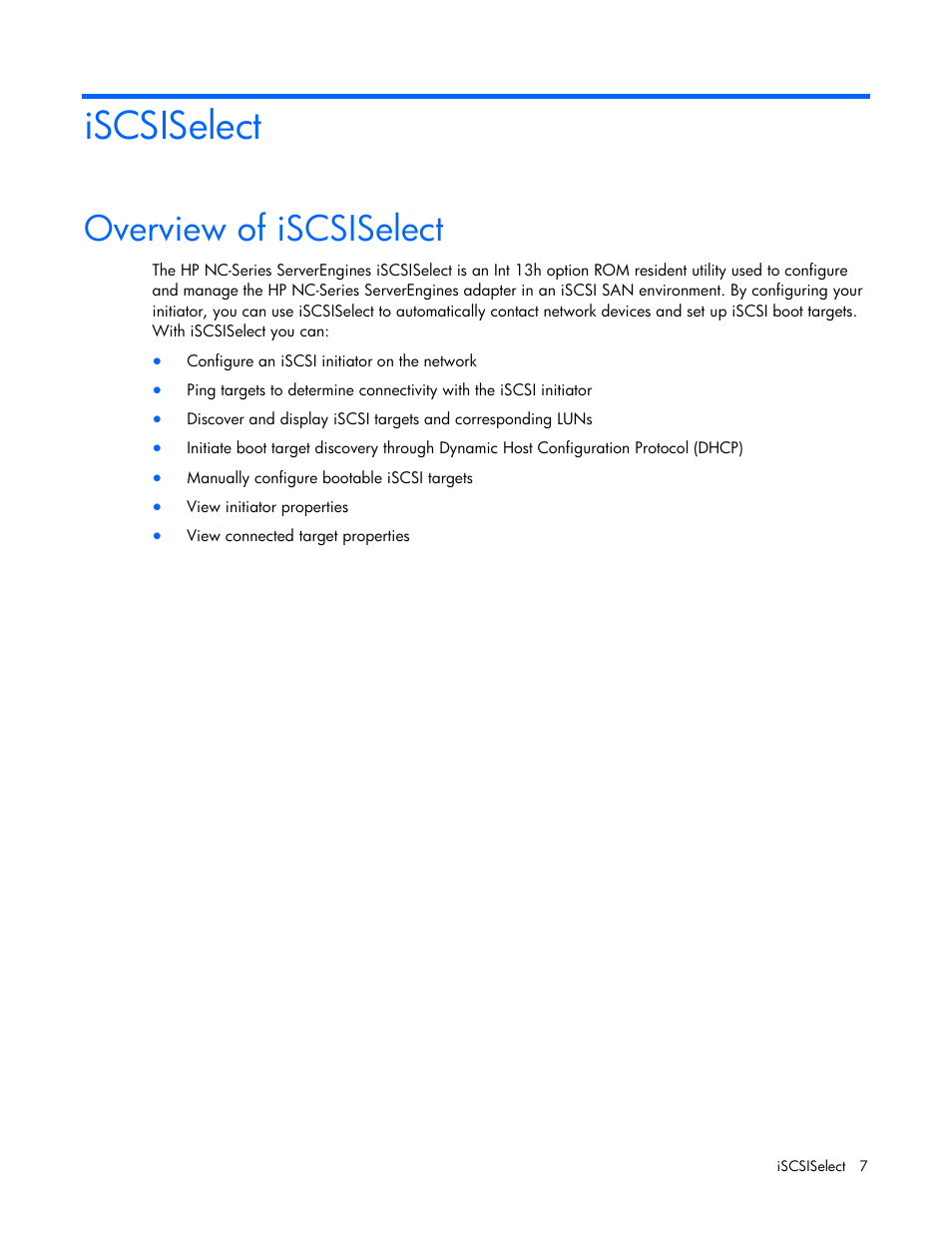 Iscsiselect, Overview of iscsiselect | HP NC550SFP Dual Port 10GbE Server Adapter User Manual | Page 7 / 43