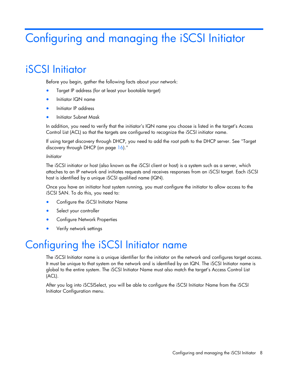 Configuring and managing the iscsi initiator, Iscsi initiator, Configuring the iscsi initiator name | HP NC550SFP Dual Port 10GbE Server Adapter User Manual | Page 8 / 43
