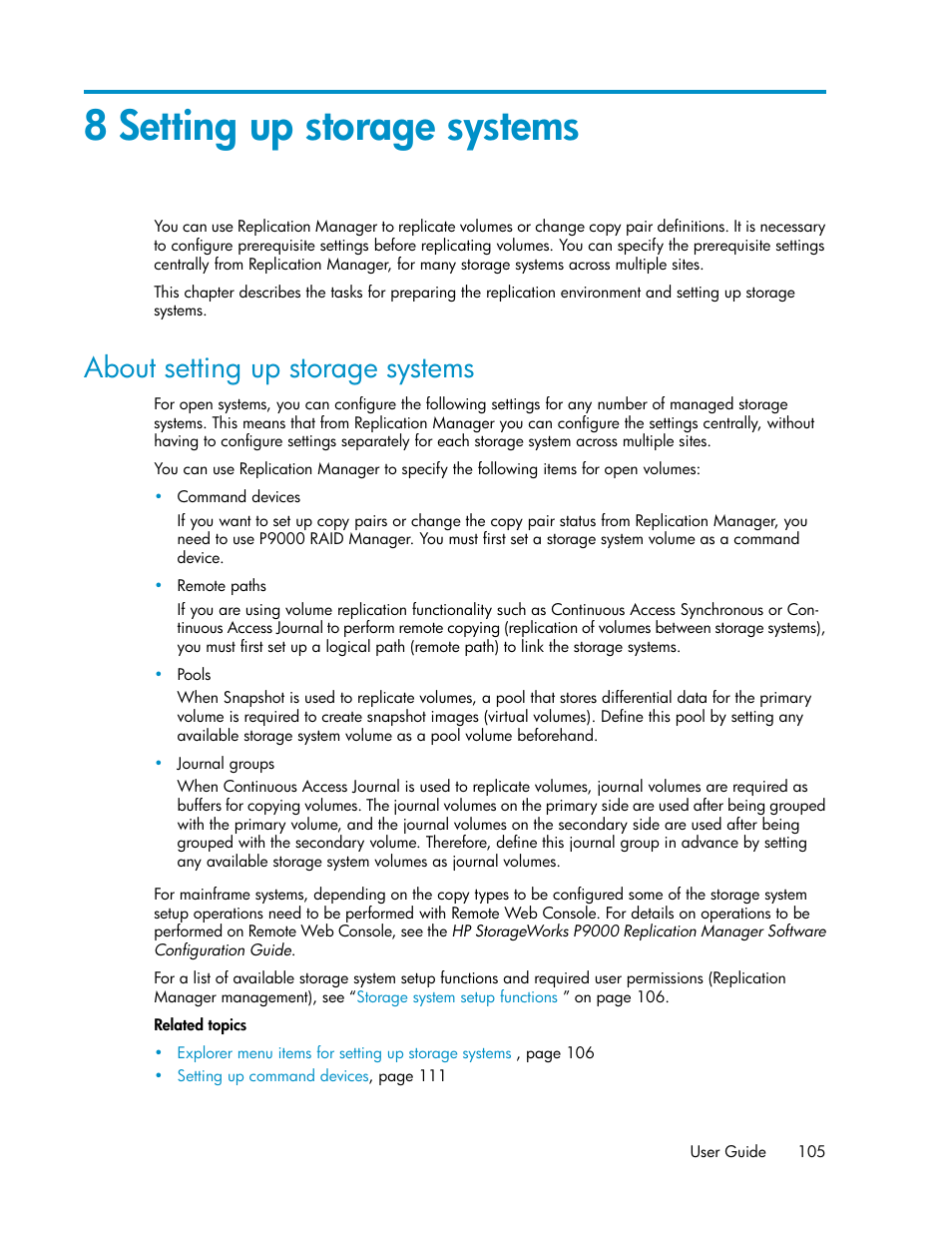 8 setting up storage systems, About setting up storage systems, Chapter 8 | HP XP P9000 Command View Advanced Edition Software User Manual | Page 105 / 478