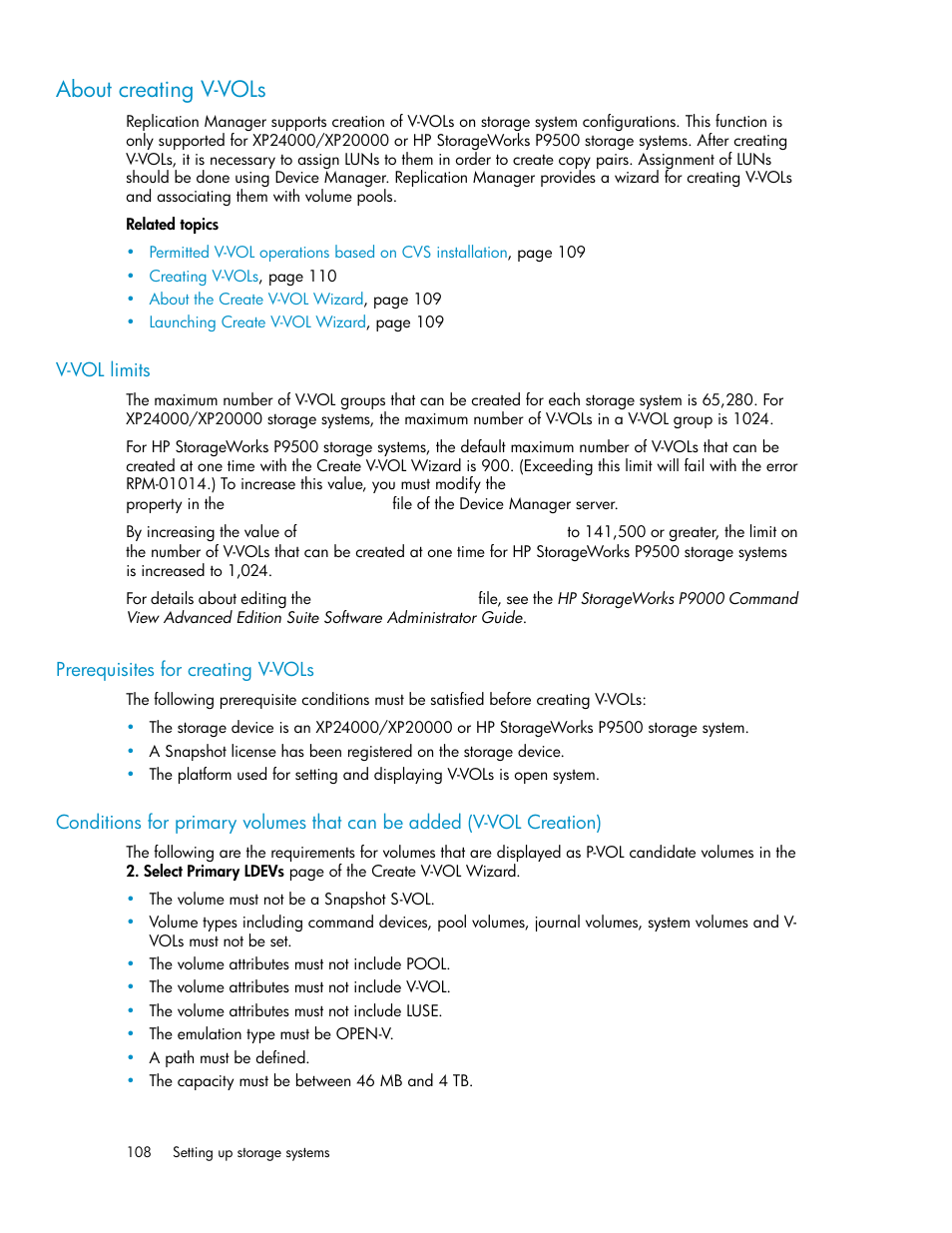 About creating v-vols, V-vol limits, Prerequisites for creating v-vols | 108 prerequisites for creating v-vols | HP XP P9000 Command View Advanced Edition Software User Manual | Page 108 / 478