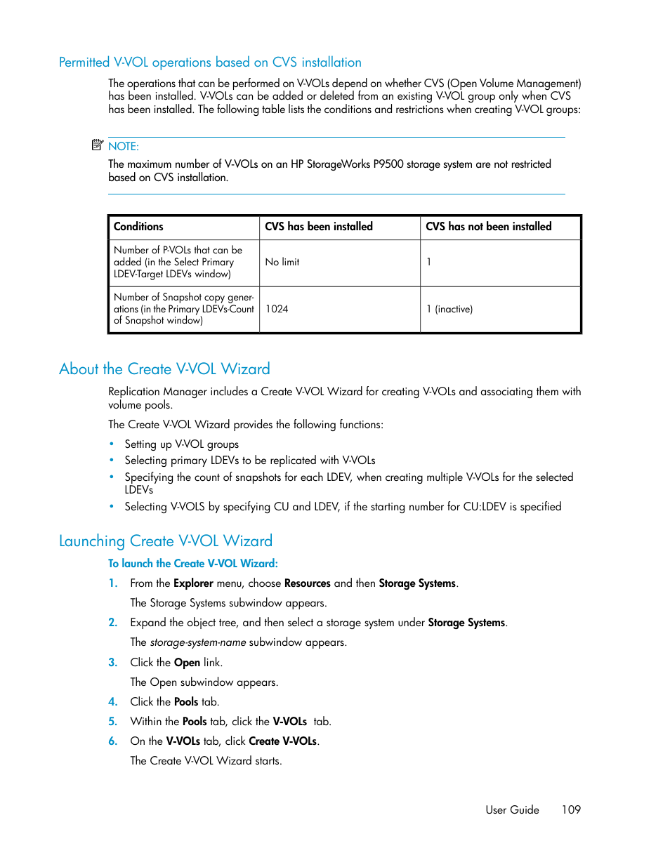 About the create v-vol wizard, Launching create v-vol wizard, 109 launching create v-vol wizard | HP XP P9000 Command View Advanced Edition Software User Manual | Page 109 / 478