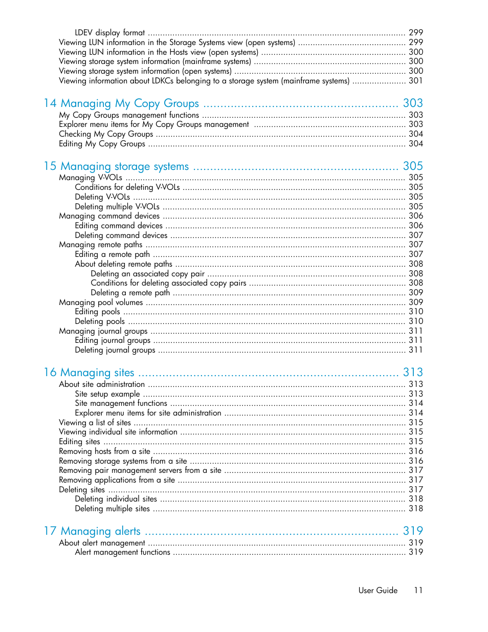14 managing my copy groups, 15 managing storage systems, 16 managing sites | 17 managing alerts | HP XP P9000 Command View Advanced Edition Software User Manual | Page 11 / 478