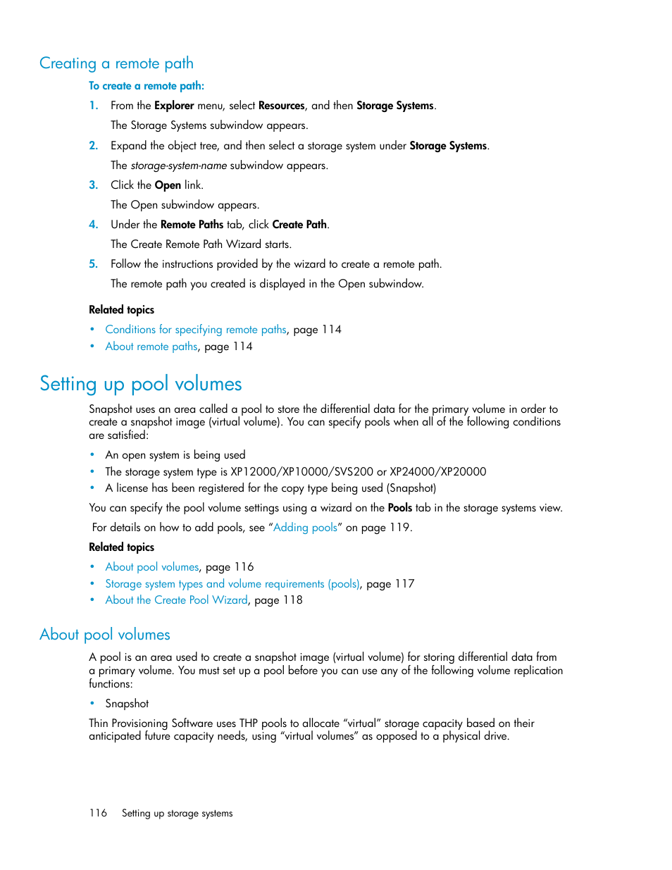 Creating a remote path, Setting up pool volumes, About pool volumes | HP XP P9000 Command View Advanced Edition Software User Manual | Page 116 / 478