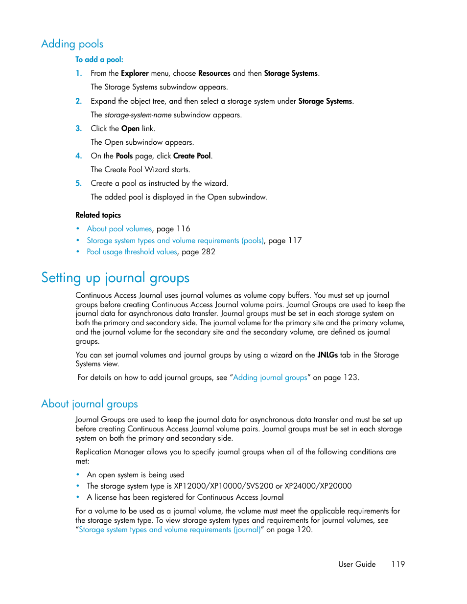 Adding pools, Setting up journal groups, About journal groups | HP XP P9000 Command View Advanced Edition Software User Manual | Page 119 / 478