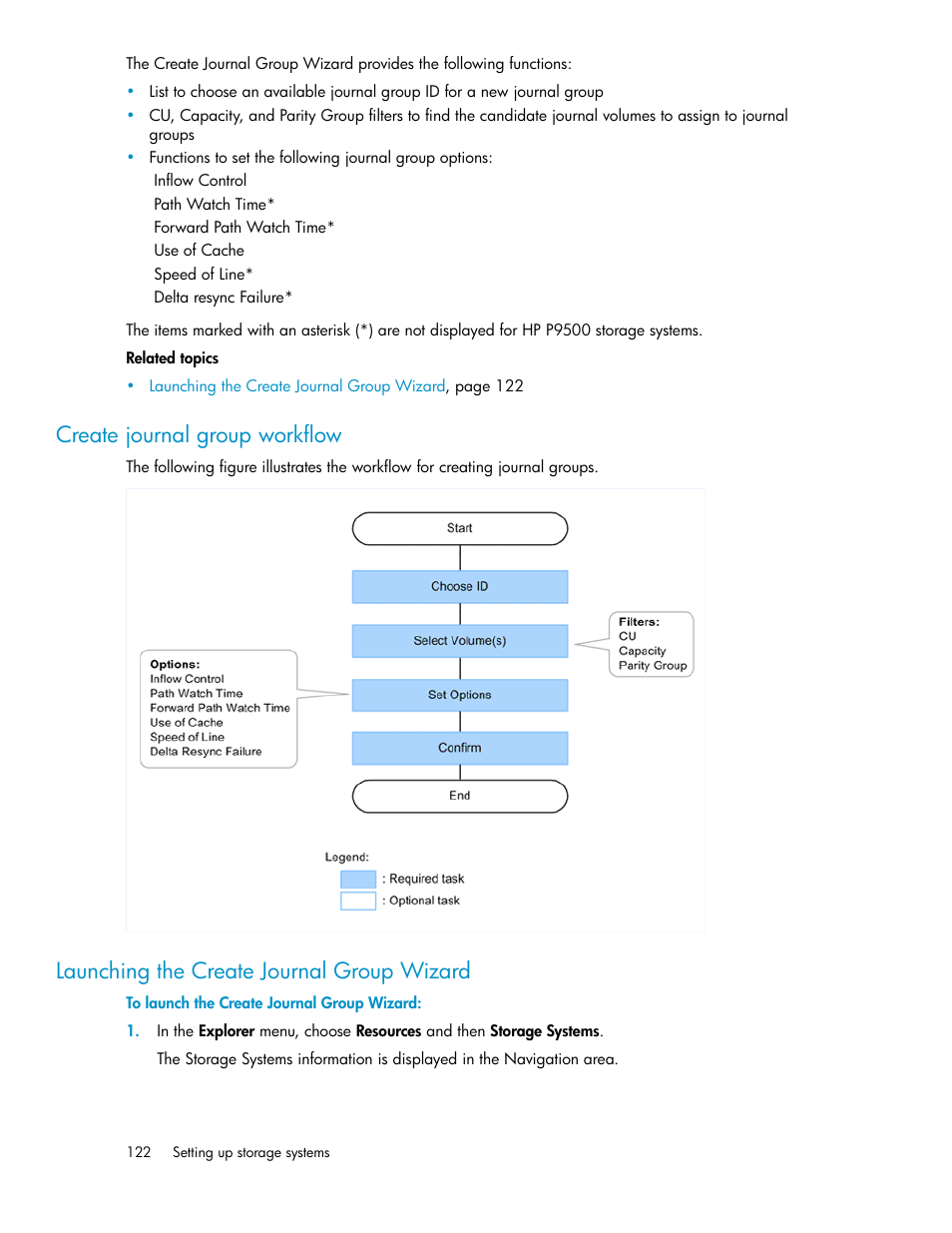 Create journal group workflow, Launching the create journal group wizard, 122 launching the create journal group wizard | HP XP P9000 Command View Advanced Edition Software User Manual | Page 122 / 478