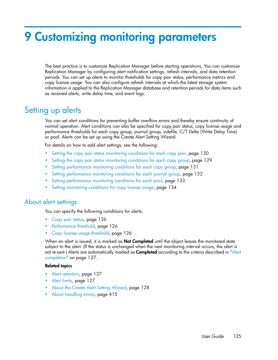 9 customizing monitoring parameters, Setting up alerts, About alert settings | Chapter 9 | HP XP P9000 Command View Advanced Edition Software User Manual | Page 125 / 478