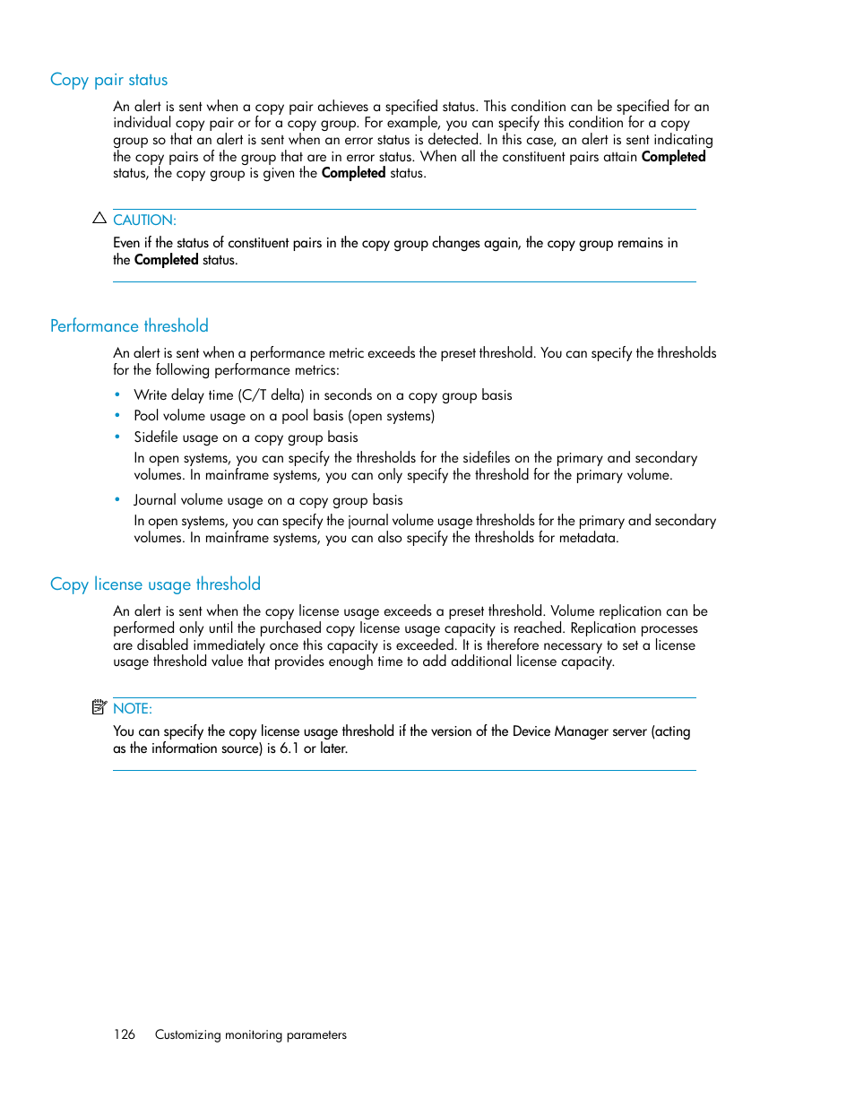 Copy pair status, Performance threshold, Copy license usage threshold | 126 performance threshold, 126 copy license usage threshold | HP XP P9000 Command View Advanced Edition Software User Manual | Page 126 / 478