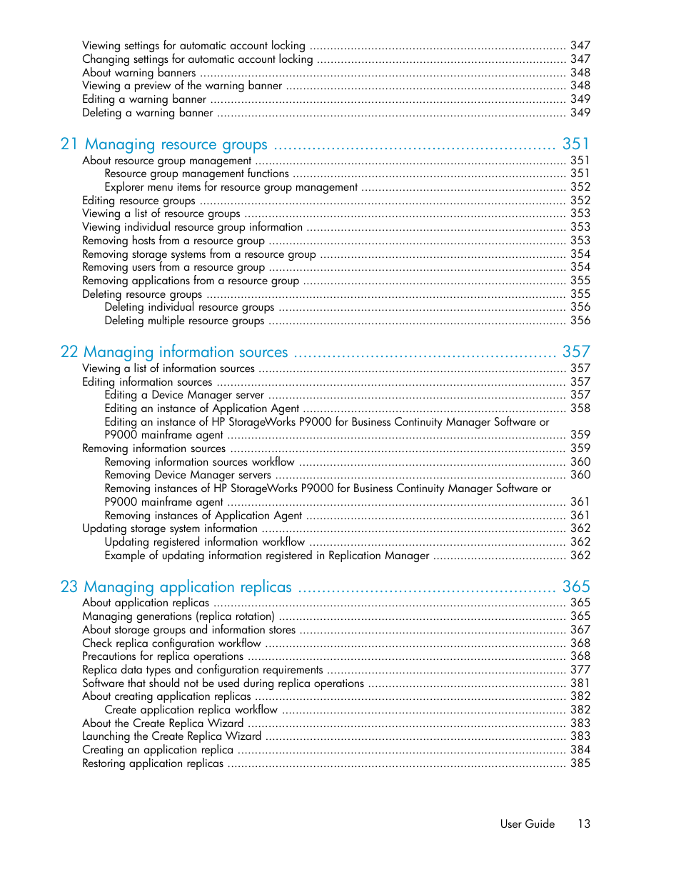 21 managing resource groups, 22 managing information sources, 23 managing application replicas | HP XP P9000 Command View Advanced Edition Software User Manual | Page 13 / 478