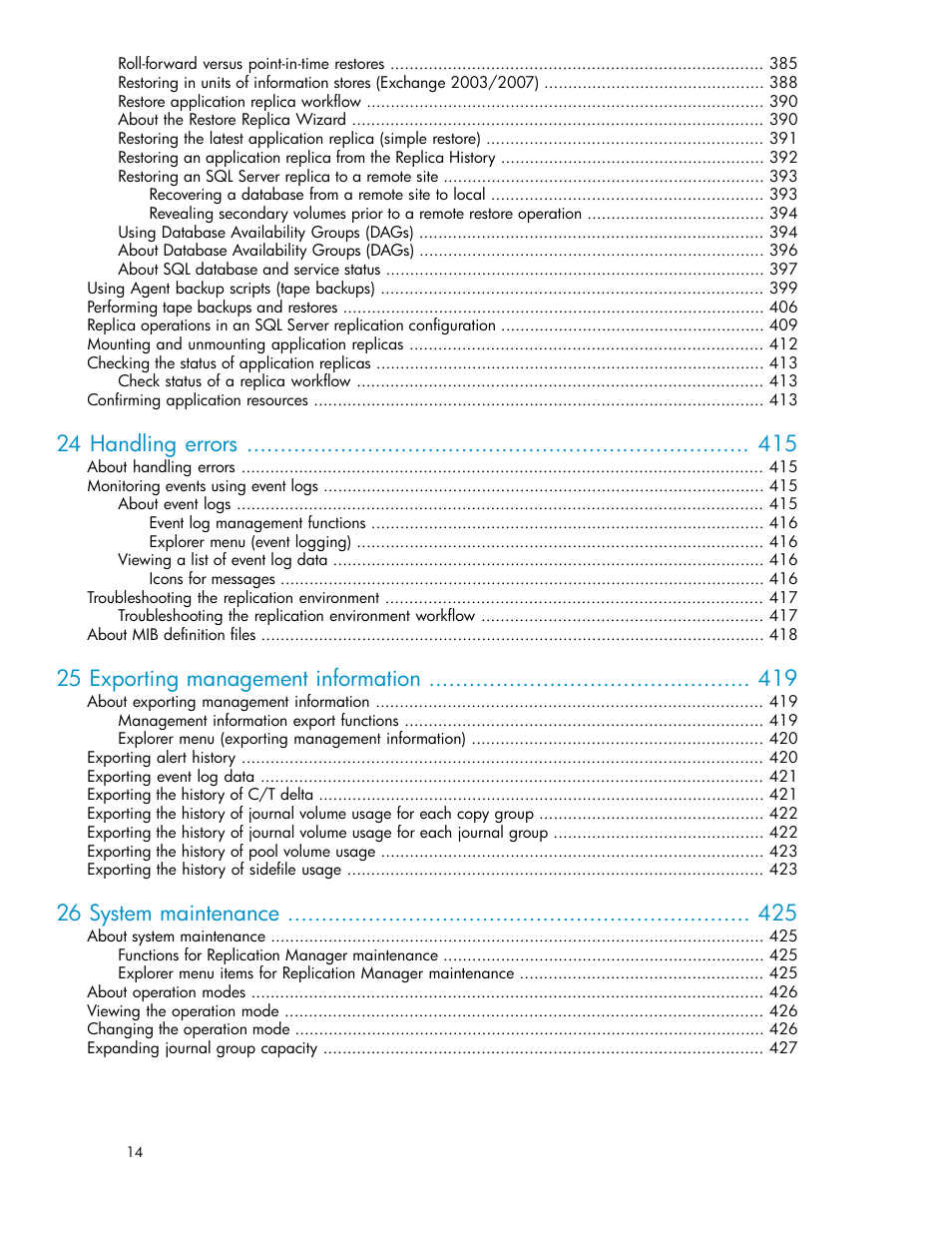 24 handling errors, 25 exporting management information, 26 system maintenance | HP XP P9000 Command View Advanced Edition Software User Manual | Page 14 / 478