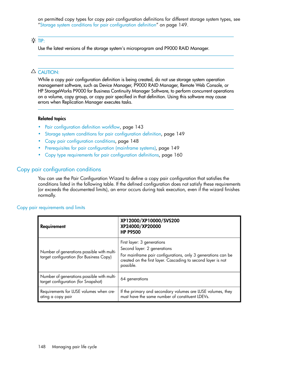 Copy pair configuration conditions, Copy pair configuration, Conditions | HP XP P9000 Command View Advanced Edition Software User Manual | Page 148 / 478