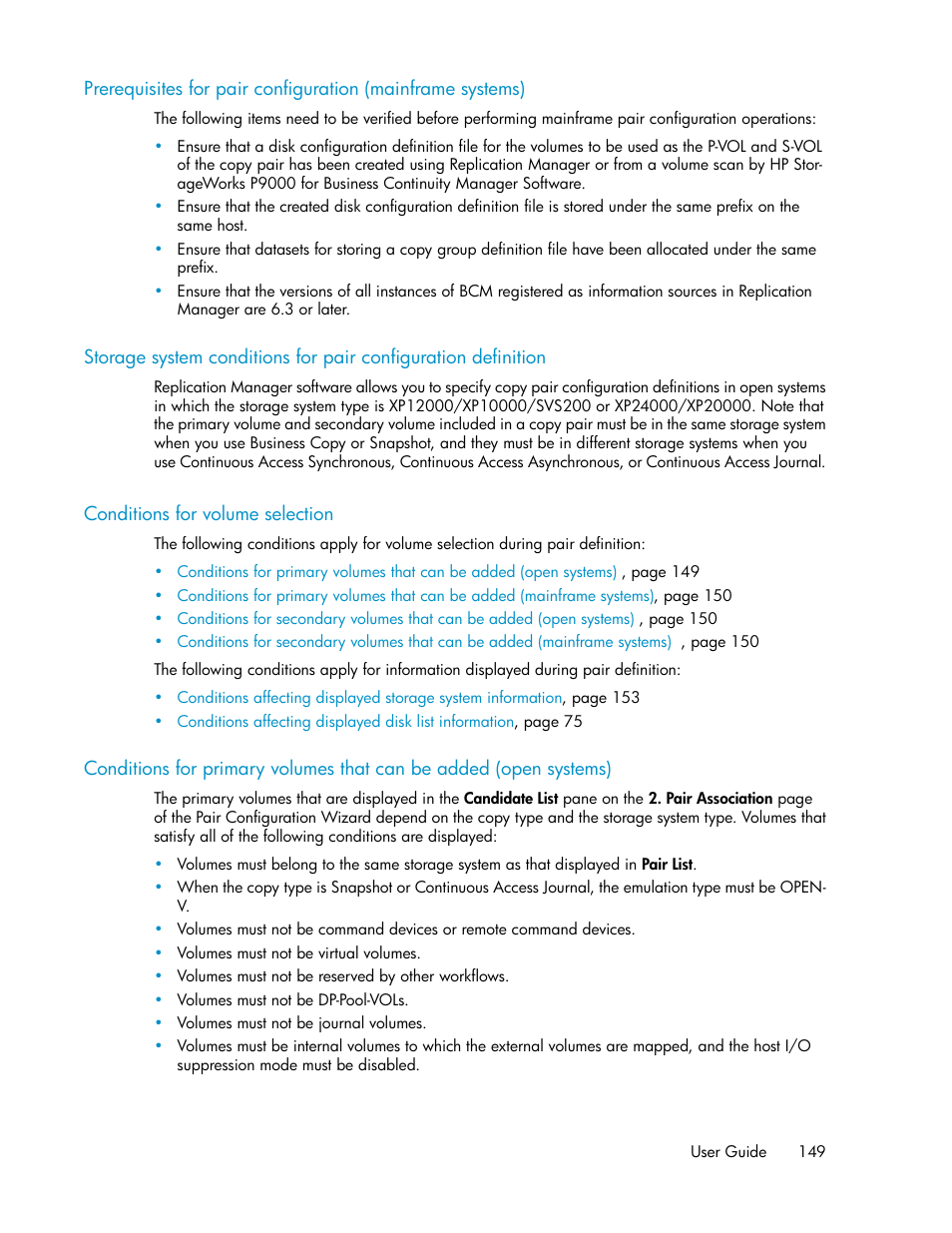 Conditions for volume selection, 149 conditions for volume selection, Prerequisites for pair | Configuration (mainframe systems), Prerequisites for pair configuration, Mainframe systems) | HP XP P9000 Command View Advanced Edition Software User Manual | Page 149 / 478