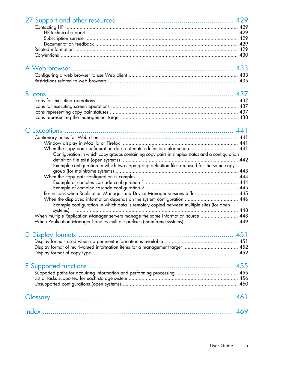 27 support and other resources, A web browser, B icons | C exceptions, D display formats, E supported functions, Glossary index | HP XP P9000 Command View Advanced Edition Software User Manual | Page 15 / 478