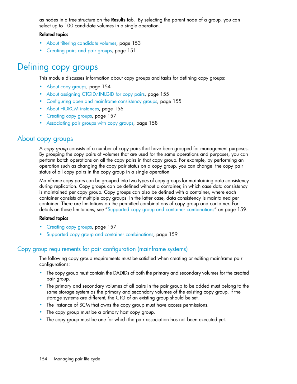 Defining copy groups, About copy groups | HP XP P9000 Command View Advanced Edition Software User Manual | Page 154 / 478