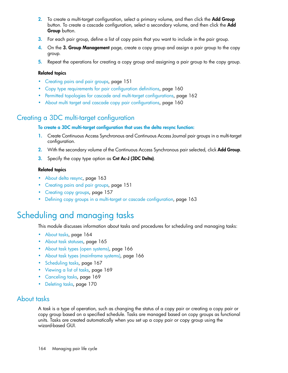 Creating a 3dc multi-target configuration, Scheduling and managing tasks, About tasks | HP XP P9000 Command View Advanced Edition Software User Manual | Page 164 / 478